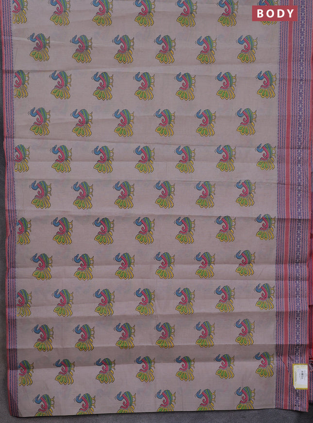Khadi cotton saree pastel grey shade and red shade with annam butta prints and woven border