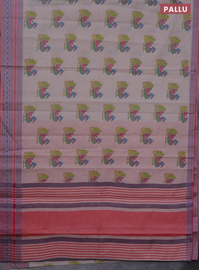 Khadi cotton saree pastel grey shade and red shade with annam butta prints and woven border