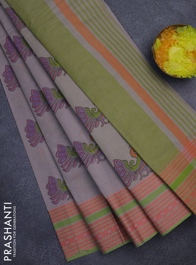 Khadi cotton saree pastel grey shade and green shade with annam butta prints and woven border