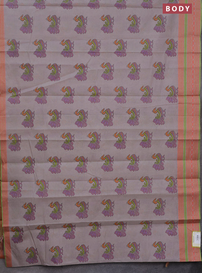 Khadi cotton saree pastel grey shade and green shade with annam butta prints and woven border