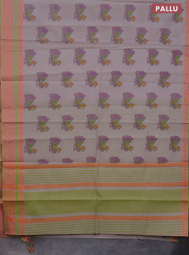 Khadi cotton saree pastel grey shade and green shade with annam butta prints and woven border