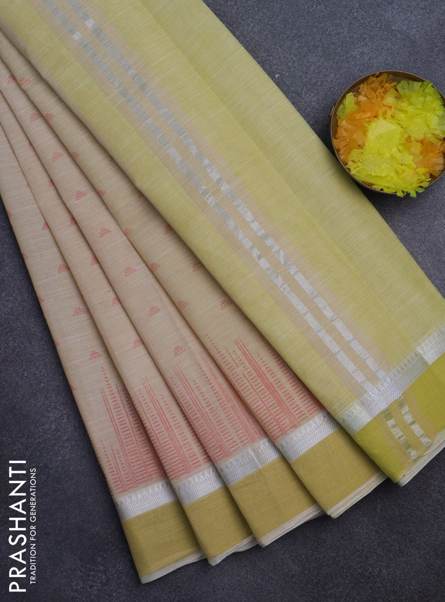 Khadi cotton saree cream and lime yellow with allover buttas prints and silver zari woven simple border
