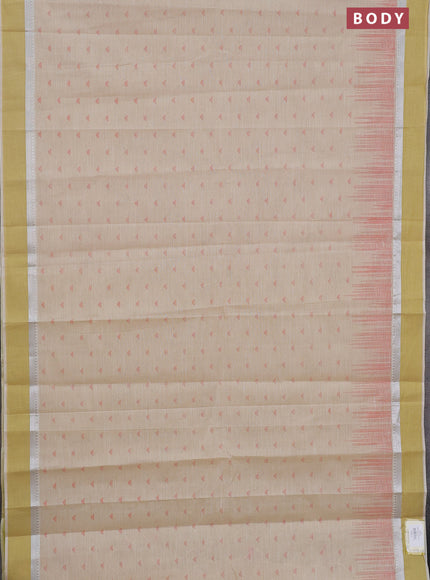 Khadi cotton saree cream and lime yellow with allover buttas prints and silver zari woven simple border