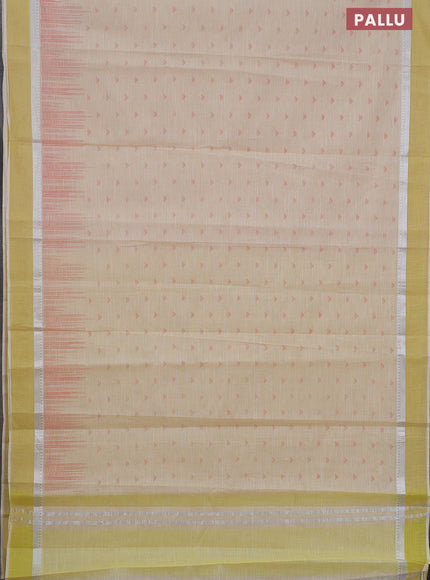 Khadi cotton saree cream and lime yellow with allover buttas prints and silver zari woven simple border