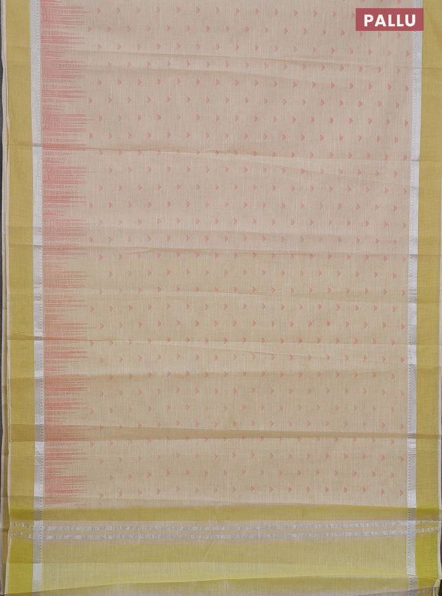 Khadi cotton saree cream and lime yellow with allover buttas prints and silver zari woven simple border