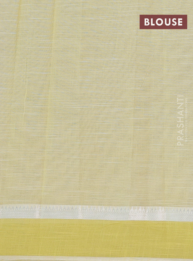Khadi cotton saree cream and lime yellow with allover buttas prints and silver zari woven simple border