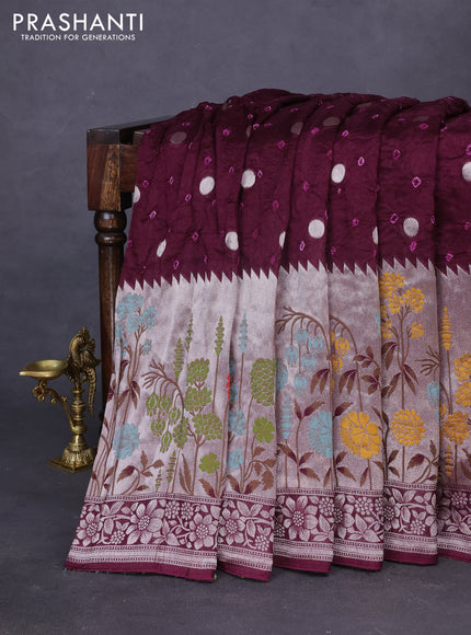 Banarasi raw silk saree wine shade with bandhej and zari woven paithani style border