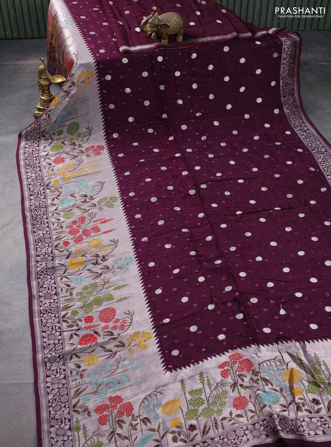 Banarasi raw silk saree wine shade with bandhej and zari woven paithani style border