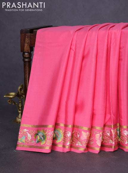 Pure mysore silk saree peach pink with plain body and zari woven embroidery work border