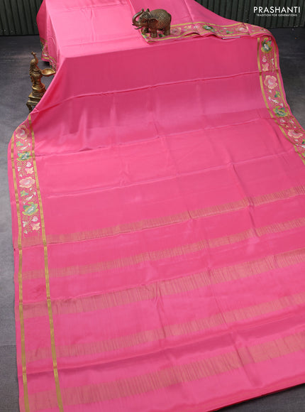 Pure mysore silk saree peach pink with plain body and zari woven embroidery work border