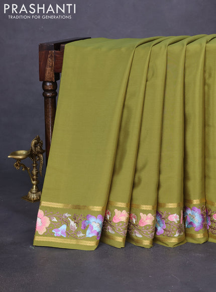 Pure mysore silk saree green with plain body and zari woven embroidery work border