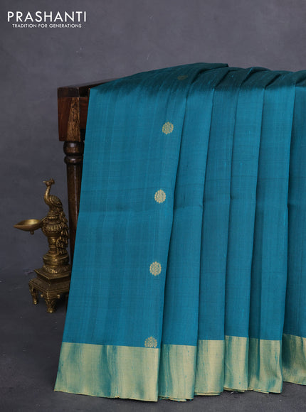 Pure raw silk saree teal green and pink with zari woven buttas and zari woven border & paithani style pallu
