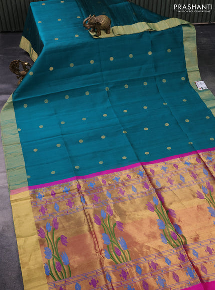 Pure raw silk saree teal green and pink with zari woven buttas and zari woven border & paithani style pallu