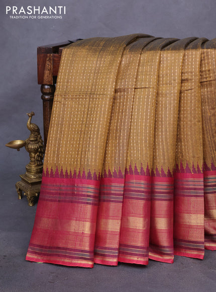 Pure dupion silk saree mehendi green and maroon with allover zari woven butta weaves and long temple design zari woven border