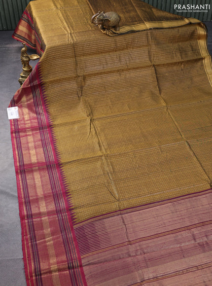 Pure dupion silk saree mehendi green and maroon with allover zari woven butta weaves and long temple design zari woven border