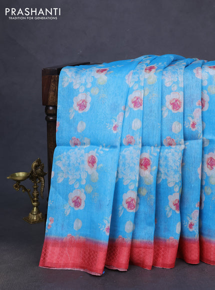 Pure linen silk saree light blue and peach pink  with allover floral prints and simple border