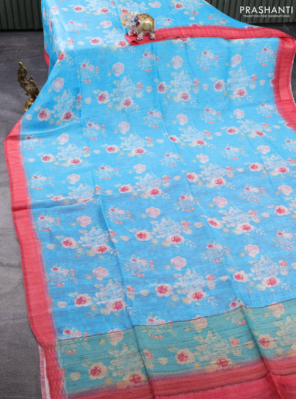 Pure linen silk saree light blue and peach pink  with allover floral prints and simple border