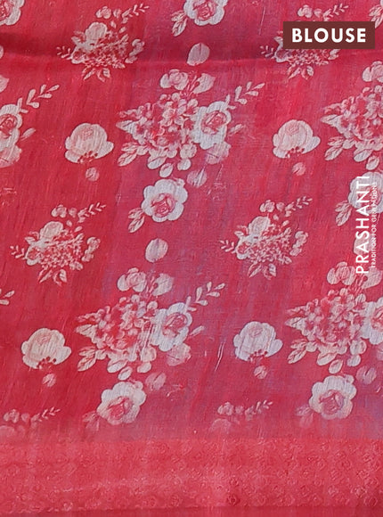 Pure linen silk saree light blue and peach pink  with allover floral prints and simple border