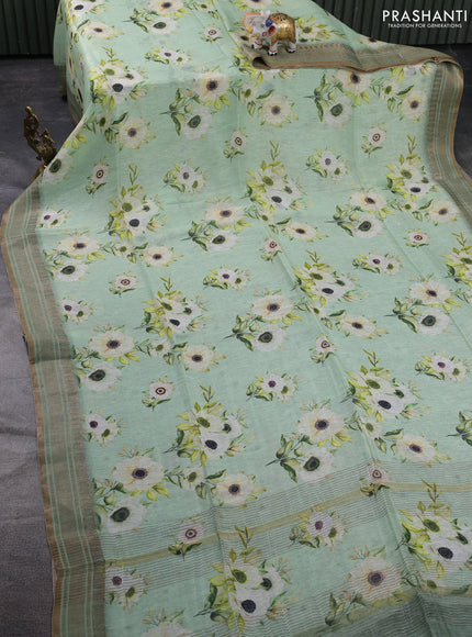 Pure linen silk saree pastel green with allover floral prints and zari woven border