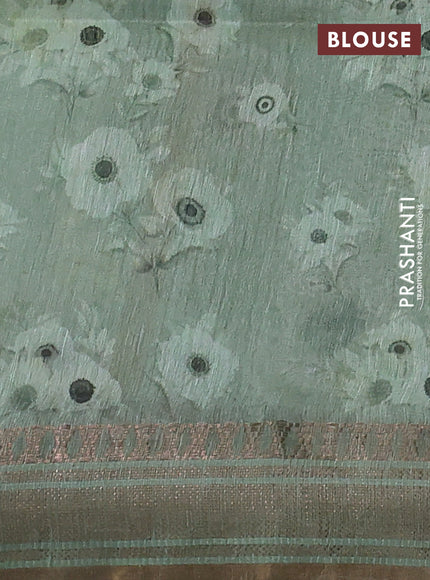 Pure linen silk saree pastel green with allover floral prints and zari woven border
