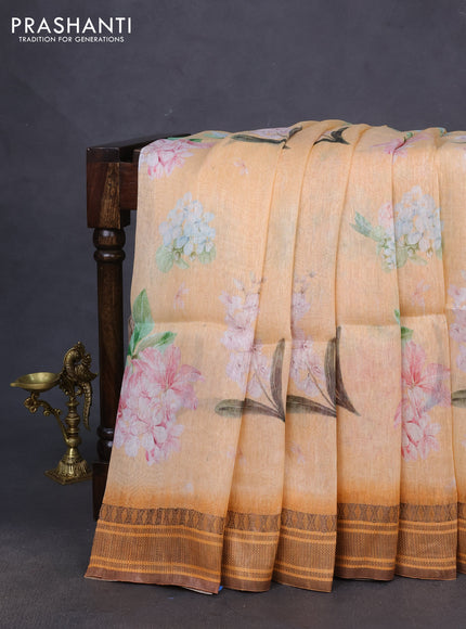 Pure linen silk saree pale orange and orange with allover floral prints and zari woven border