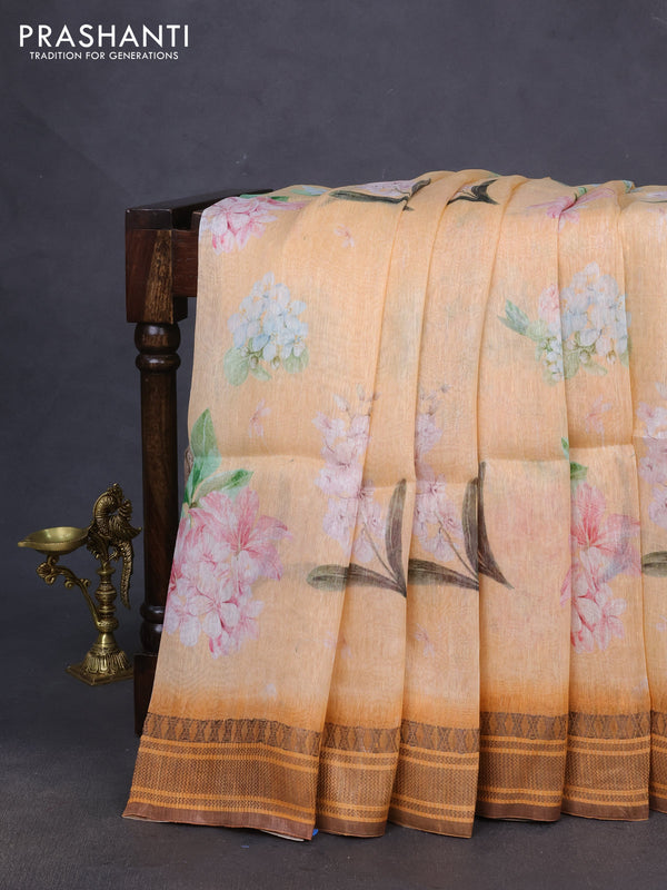 Pure linen silk saree pale orange and orange with allover floral prints and zari woven border