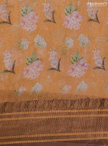 Pure linen silk saree pale orange and orange with allover floral prints and zari woven border