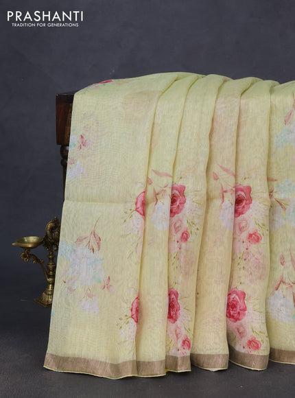 Pure linen silk saree pale yellow and pastel pink with floral butta prints and small zari woven border