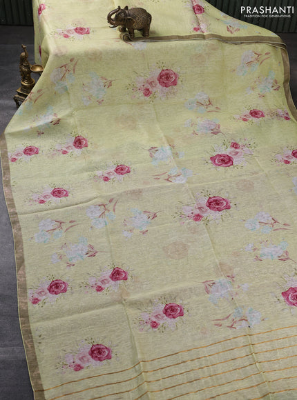 Pure linen silk saree pale yellow and pastel pink with floral butta prints and small zari woven border