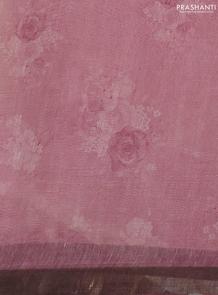 Pure linen silk saree pale yellow and pastel pink with floral butta prints and small zari woven border