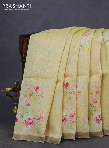 Pure linen silk saree lime yellow and sandal with floral butta prints and small zari woven border