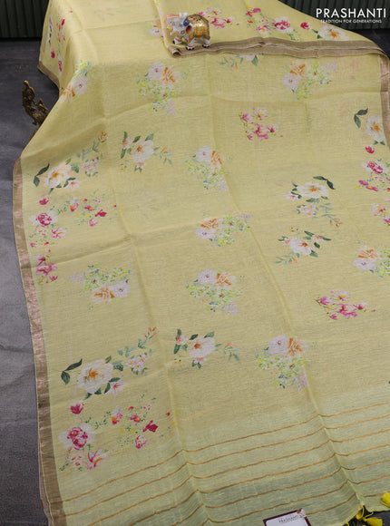 Pure linen silk saree lime yellow and sandal with floral butta prints and small zari woven border