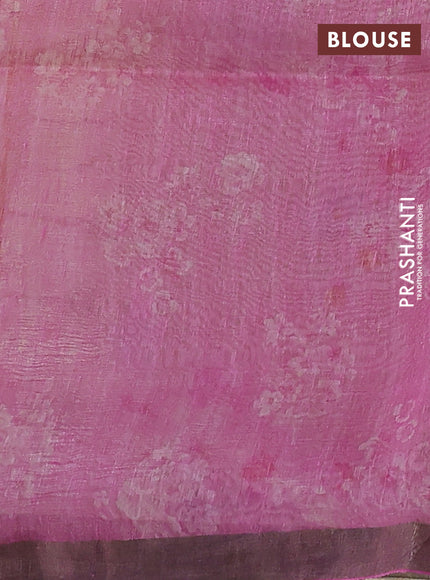 Pure linen silk saree mild pista green and pink shade with floral butta prints and small zari woven border