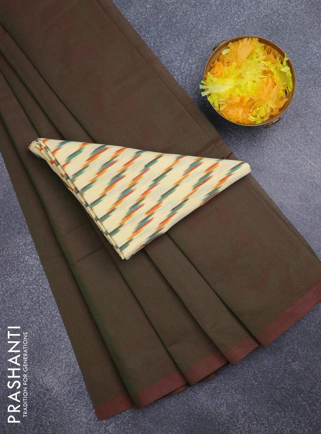 Chirala cotton saree dual shade of sap green and pale yellow with plain body and ikat blouse