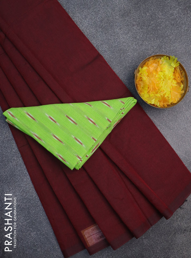 Chirala cotton saree maroon and light green with plain body and ikat blouse