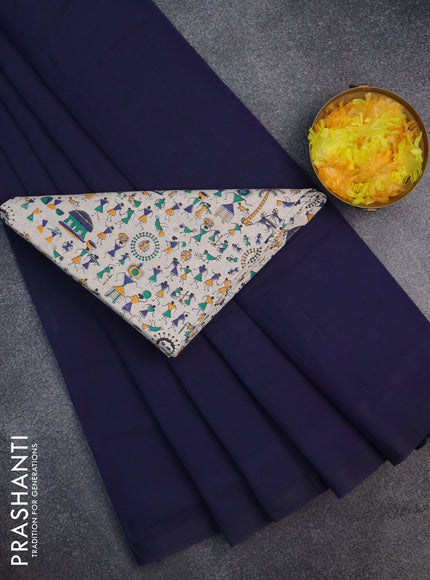 Chirala cotton saree navy blue and beige with plain body and warli prints blouse