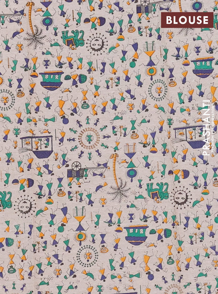 Chirala cotton saree navy blue and beige with plain body and warli prints blouse