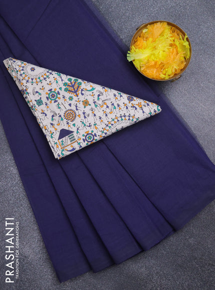Chirala cotton saree navy blue and beige with plain body and warli prints blouse