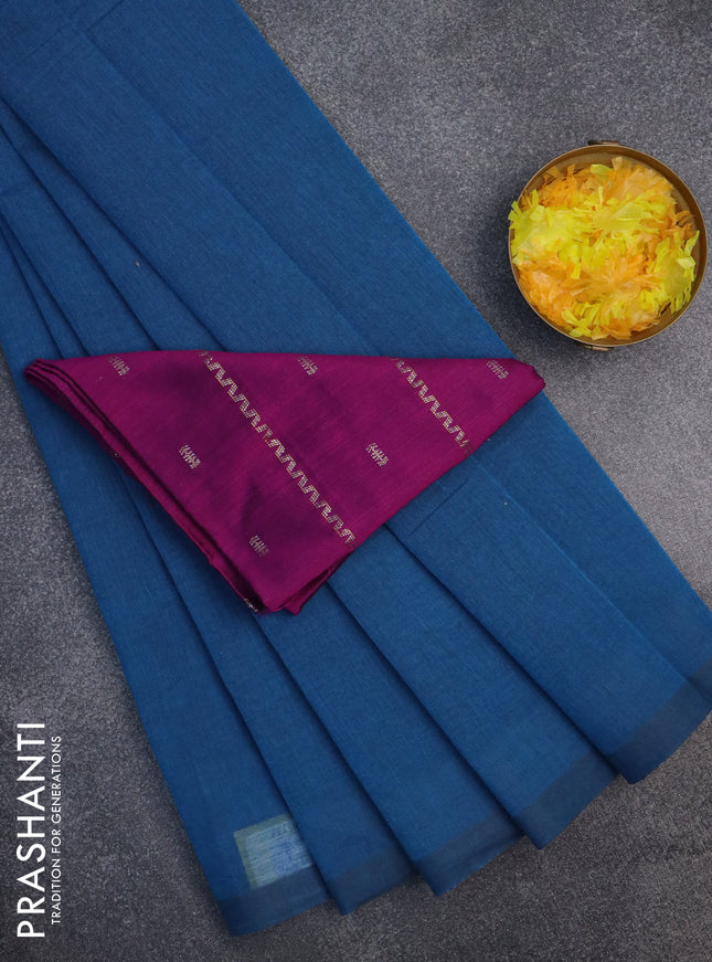 Chirala cotton saree peacock blue and purple with plain body and zari woven blouse