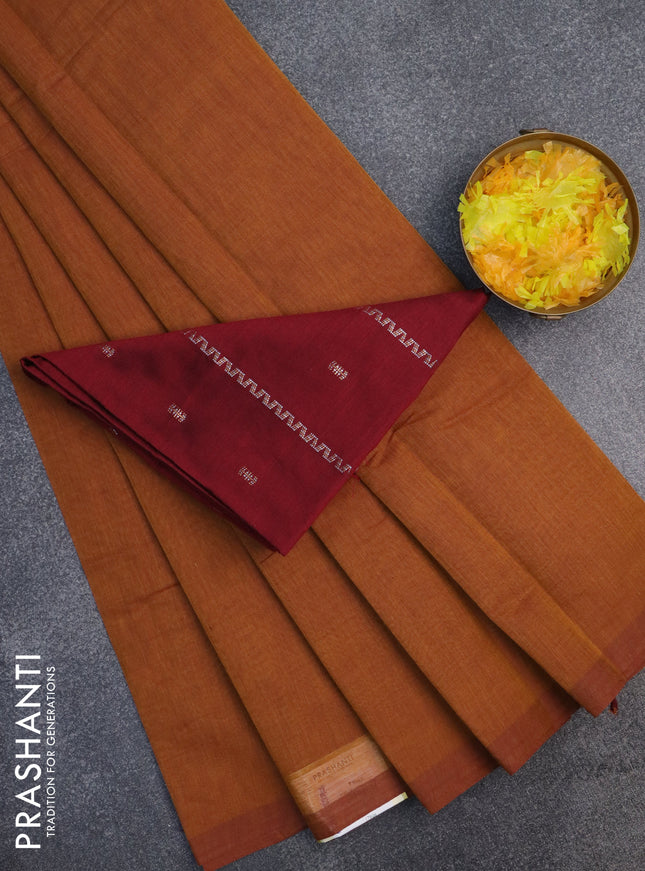 Chirala cotton saree dark mustard and maroon with plain body and zari woven blouse