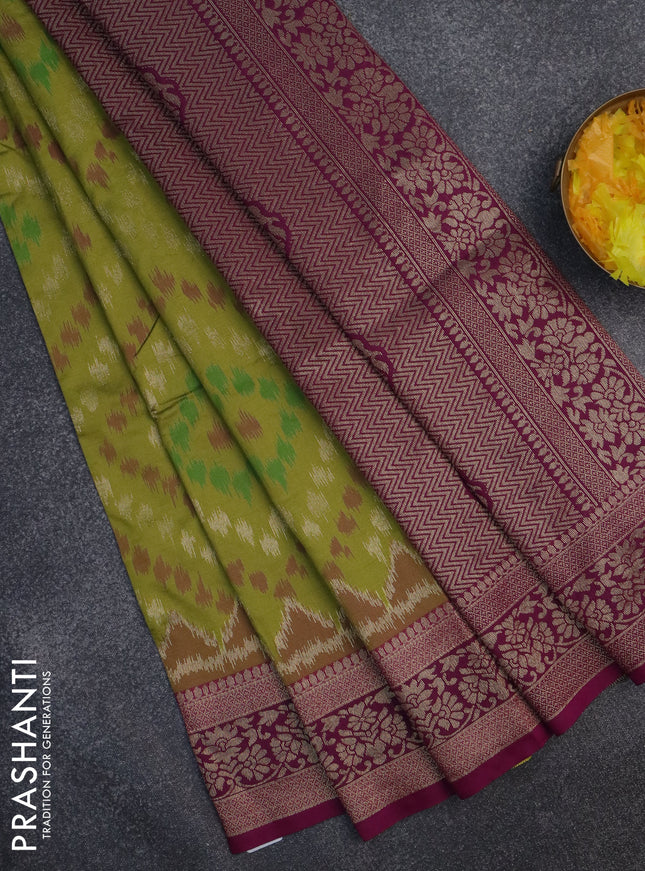Semi soft silk saree mehendi green and purple with allover ikat & zari weaves and zari woven border