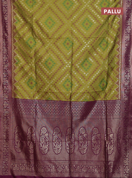 Semi soft silk saree mehendi green and purple with allover ikat & zari weaves and zari woven border