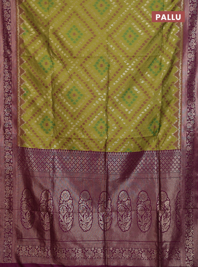 Semi soft silk saree mehendi green and purple with allover ikat & zari weaves and zari woven border