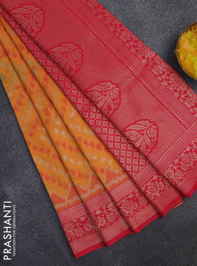 Semi soft silk saree dual shade of mango yellow and pink with allover ikat & zari weaves and zari woven border