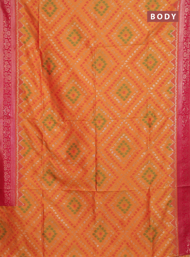 Semi soft silk saree dual shade of mango yellow and pink with allover ikat & zari weaves and zari woven border