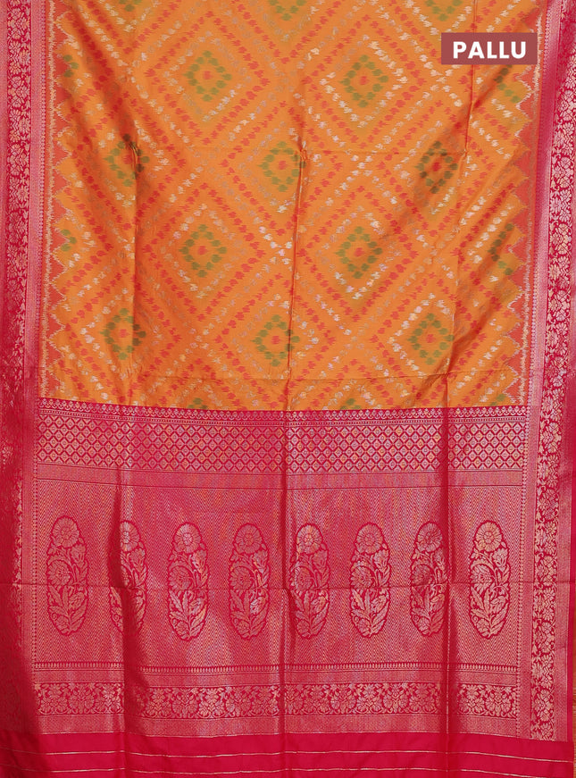 Semi soft silk saree dual shade of mango yellow and pink with allover ikat & zari weaves and zari woven border