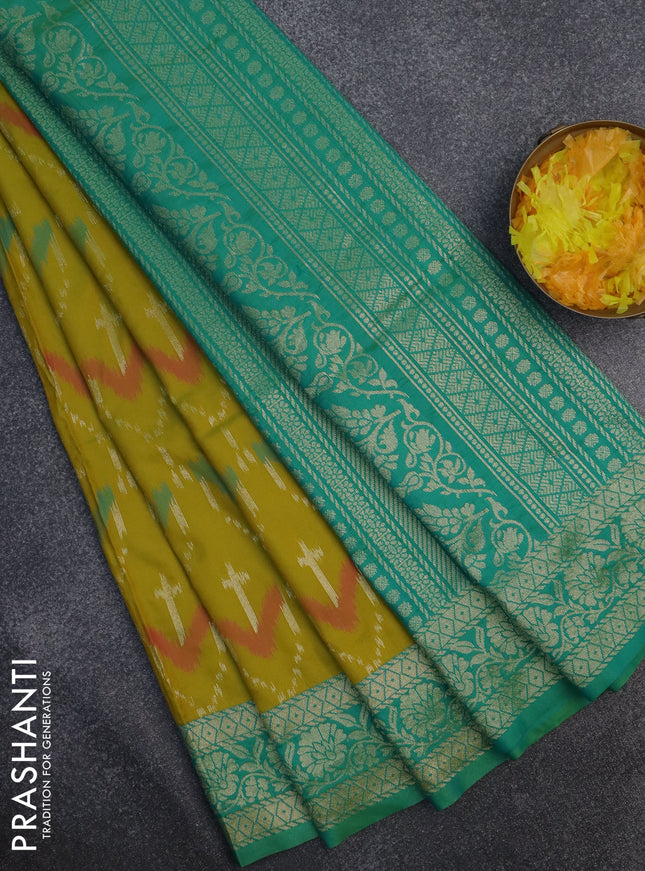 Semi soft silk saree dual shade of mustard and teal green with allover ikat & zari weaves and zari woven border