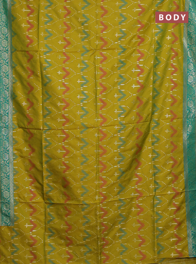 Semi soft silk saree dual shade of mustard and teal green with allover ikat & zari weaves and zari woven border