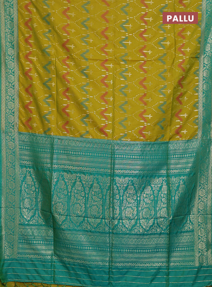 Semi soft silk saree dual shade of mustard and teal green with allover ikat & zari weaves and zari woven border