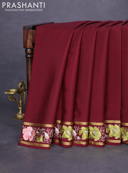 Pure mysore silk saree dark magenta pink with plain body and zari woven embroidery cut work border